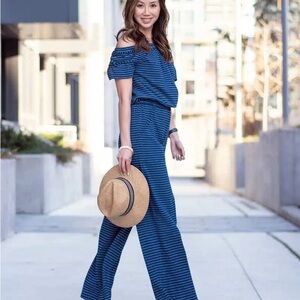 Max Studio Blue Striped Off-Shoulder Wide-Leg Jumpsuit